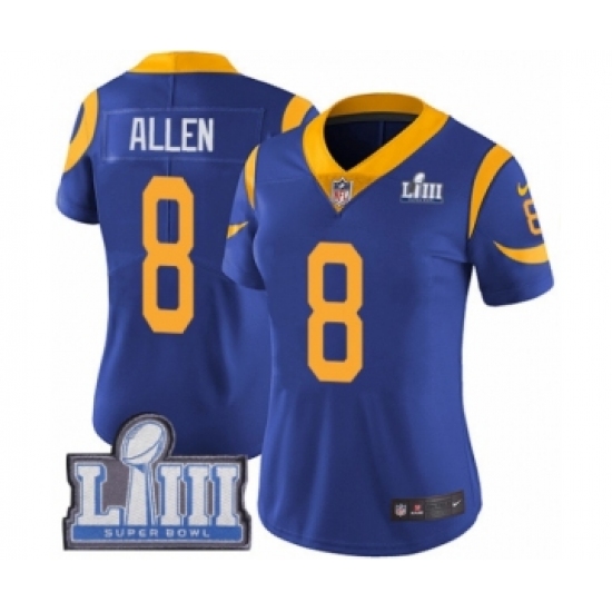 Women's Nike Los Angeles Rams 8 Brandon Allen Royal Blue Alternate Vapor Untouchable Limited Player Super Bowl LIII Bound NFL Jersey
