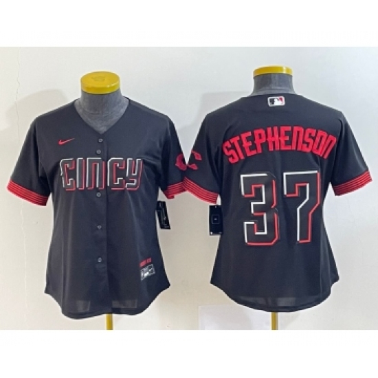 Women's Cincinnati Reds 37 Tyler Stephenson Black 2023 City Connect Cool Base Stitched Jersey1