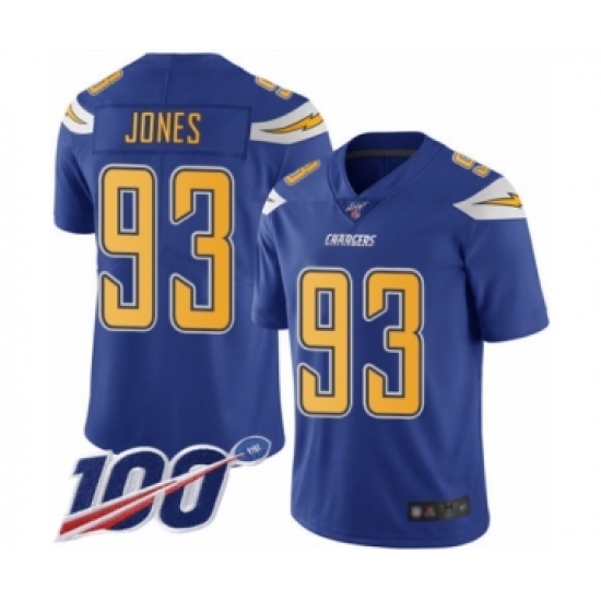 Men's Los Angeles Chargers 93 Justin Jones Limited Electric Blue Rush Vapor Untouchable 100th Season Football Jersey