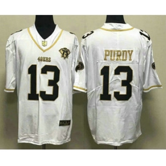 Men's San Francisco 49ers 13 Brock Purdy White Gold With 75th Anniversary Stitched Jersey