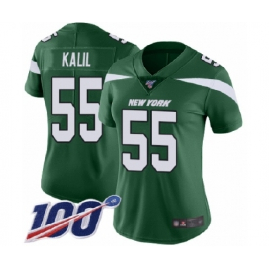 Women's New York Jets 55 Ryan Kalil Green Team Color Vapor Untouchable Limited Player 100th Season Football Jersey