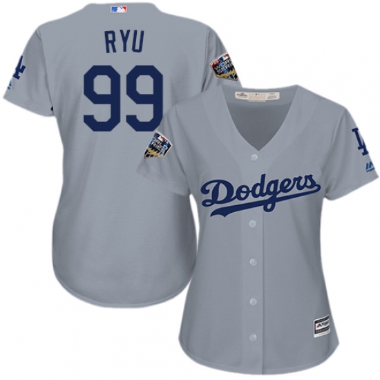 Women's Majestic Los Angeles Dodgers 99 Hyun-Jin Ryu Authentic Grey Road Cool Base 2018 World Series MLB Jersey