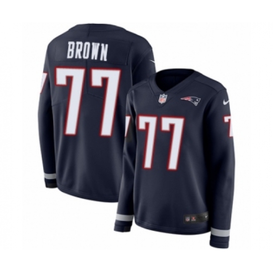 Women's Nike New England Patriots 77 Trent Brown Limited Navy Blue Therma Long Sleeve NFL Jersey