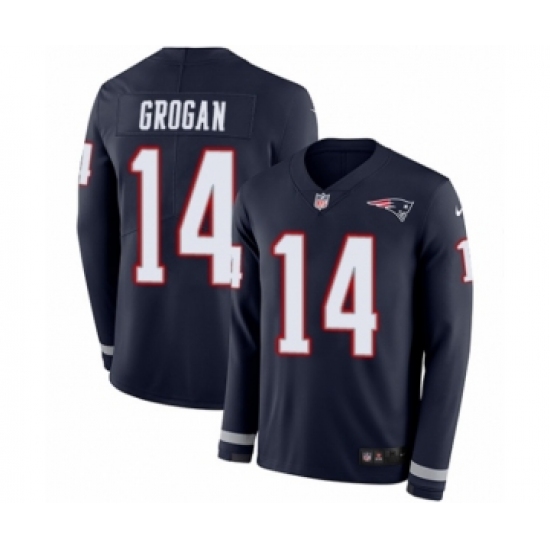 Men's Nike New England Patriots 14 Steve Grogan Limited Navy Blue Therma Long Sleeve NFL Jersey