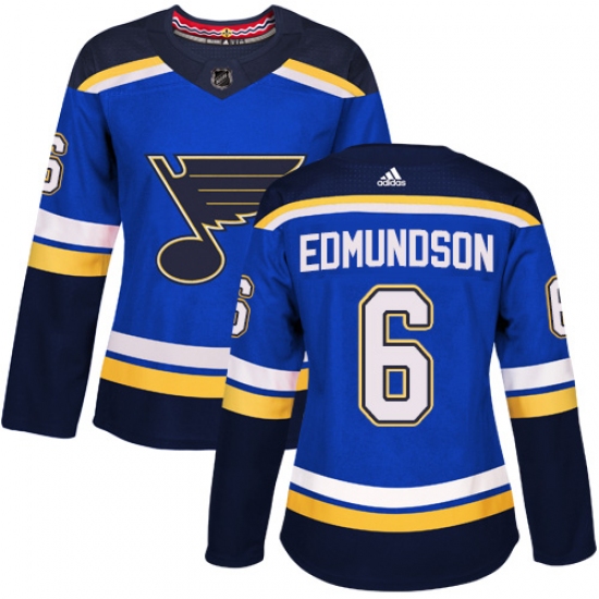 Women's Adidas St. Louis Blues 6 Joel Edmundson Authentic Royal Blue Home NHL Jersey