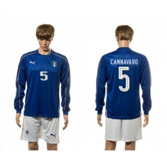 Italy 5 Cannavaro Blue Home Long Sleeves Soccer Country Jersey