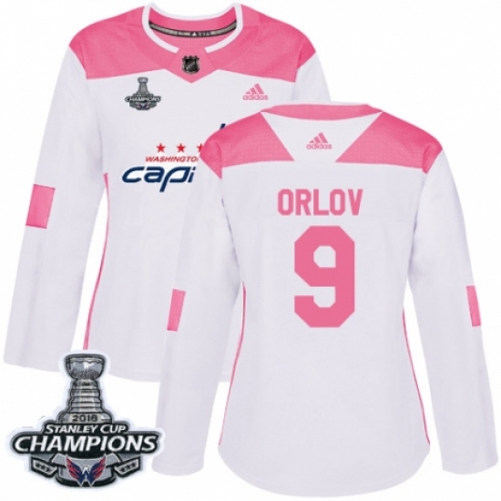 Women's Adidas Washington Capitals 9 Dmitry Orlov Authentic White Pink Fashion 2018 Stanley Cup Final Champions NHL Jersey