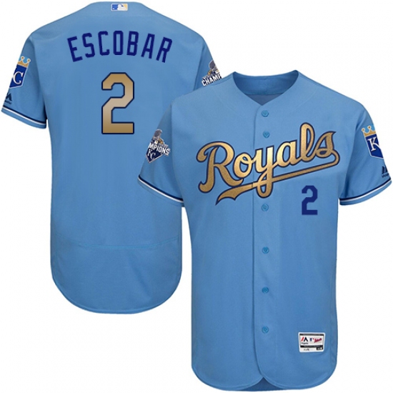 Men's Majestic Kansas City Royals 2 Alcides Escobar Authentic Light Blue 2015 World Series Champions Gold Program FlexBase MLB Jersey