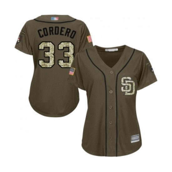 Women's San Diego Padres 33 Franchy Cordero Authentic Green Salute to Service Cool Base Baseball Jersey