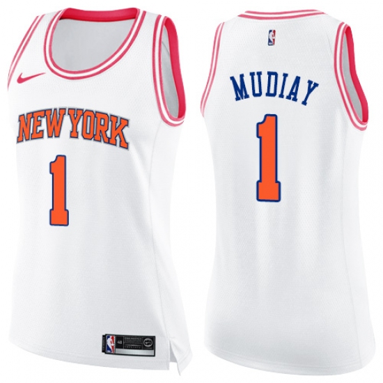 Women's Nike New York Knicks 1 Emmanuel Mudiay Swingman White/Pink Fashion NBA Jersey