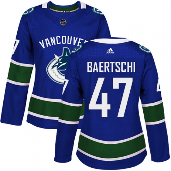 Women's Adidas Vancouver Canucks 47 Sven Baertschi Authentic Blue Home NHL Jersey