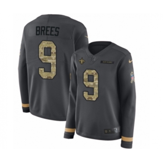Women's Nike New Orleans Saints 9 Drew Brees Limited Black Salute to Service Therma Long Sleeve NFL Jersey