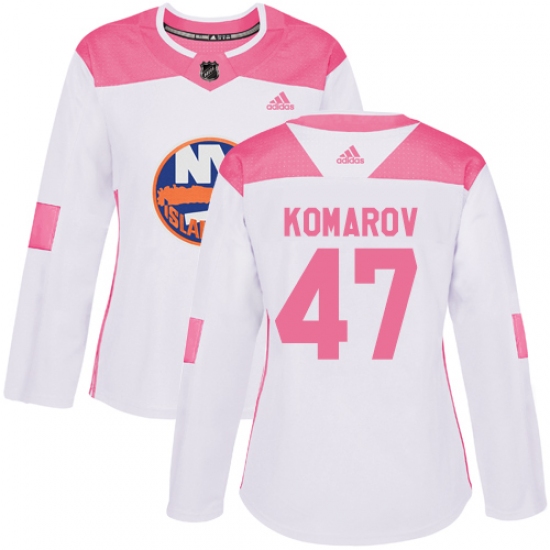 Women's Adidas New York Islanders 47 Leo Komarov Authentic White Pink Fashion NHL Jersey
