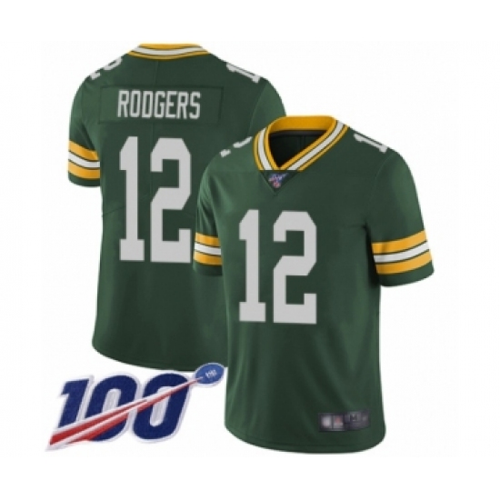 Men's Green Bay Packers 12 Aaron Rodgers Green Team Color Vapor Untouchable Limited Player 100th Season Football Jersey