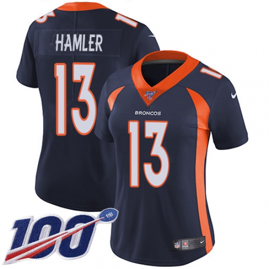 Women's Denver Broncos 13 KJ Hamler Navy Blue Alternate Stitched 100th Season Vapor Untouchable Limited Jersey