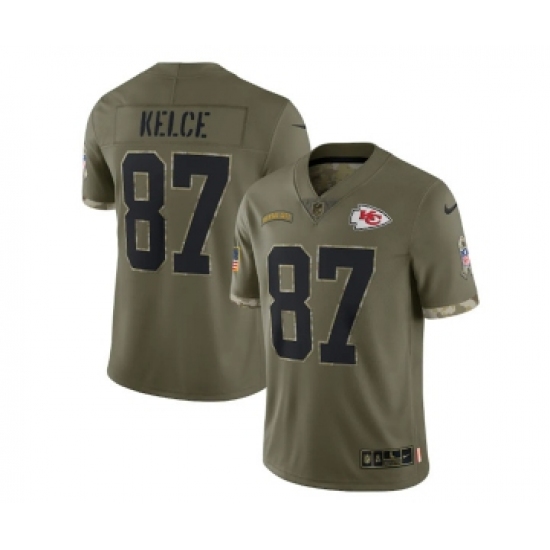 Men's Kansas City Chiefs 87 Travis Kelce 2022 Olive Salute To Service Limited Stitched Jersey