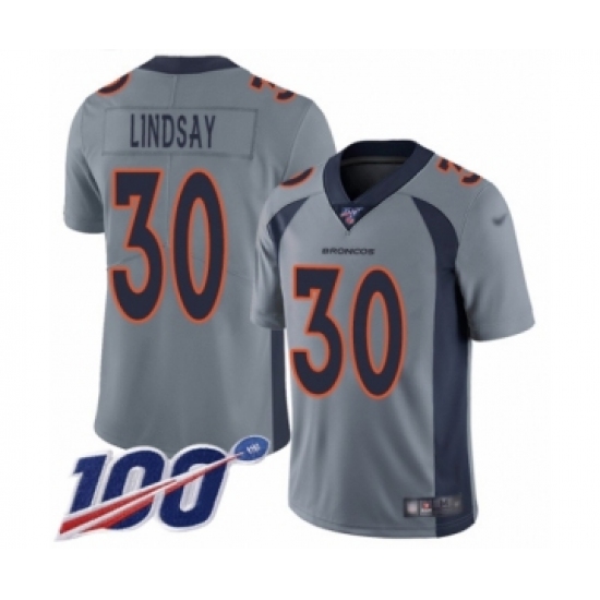 Youth Nike Denver Broncos 30 Phillip Lindsay Limited Silver Inverted Legend 100th Season NFL Jersey