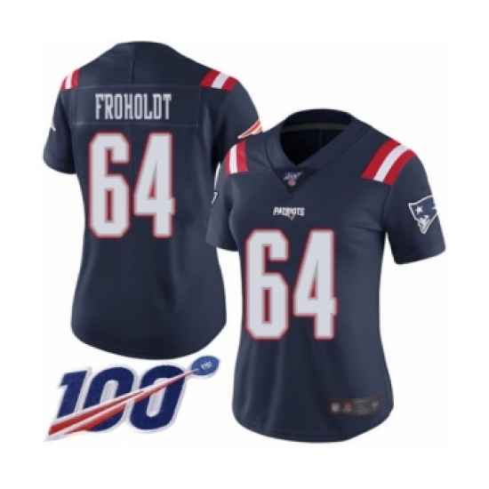 Women's New England Patriots 64 Hjalte Froholdt Limited Navy Blue Rush Vapor Untouchable 100th Season Football Jersey