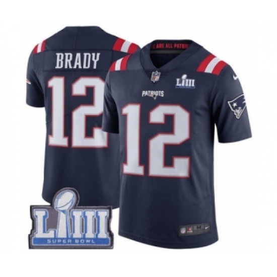 Men's Nike New England Patriots 12 Tom Brady Limited Navy Blue Rush Vapor Untouchable Super Bowl LIII Bound NFL Jersey