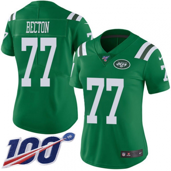 Women's New York Jets 77 Mekhi Becton Green Stitched Limited Rush 100th Season Jersey