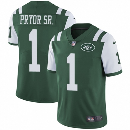 Men's Nike New York Jets 1 Terrelle Pryor Sr. Green Team Color Vapor Untouchable Limited Player NFL Jersey