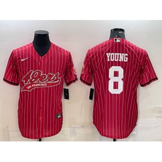 Men's San Francisco 49ers 8 Steve Young Red Pinstripe With Patch Cool Base Stitched Baseball Jersey