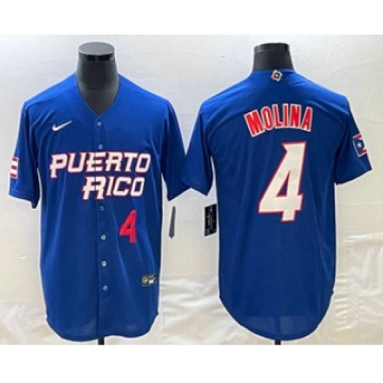 Men's Puerto Rico Baseball 4 Yadier Molina Number 2023 Blue World Baseball Classic Stitched Jersey