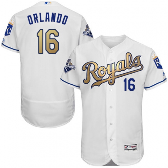 Men's Majestic Kansas City Royals 16 Paulo Orlando Authentic White 2015 World Series Champions Gold Program FlexBase MLB Jersey
