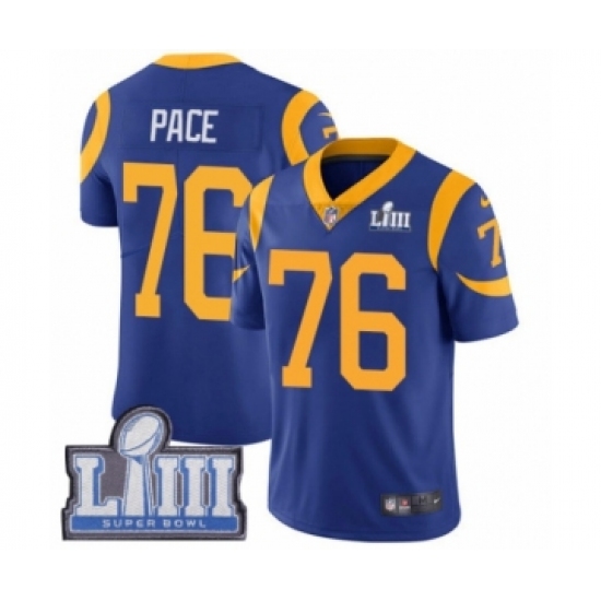 Men's Nike Los Angeles Rams 76 Orlando Pace Royal Blue Alternate Vapor Untouchable Limited Player Super Bowl LIII Bound NFL Jersey