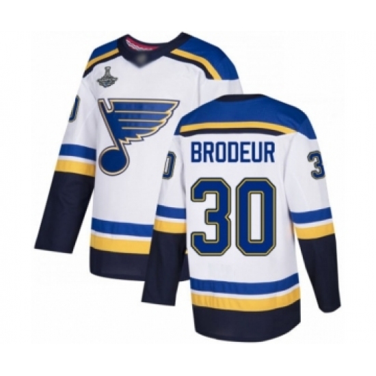 Youth St. Louis Blues 30 Martin Brodeur Authentic White Away 2019 Stanley Cup Champions Hockey Jersey