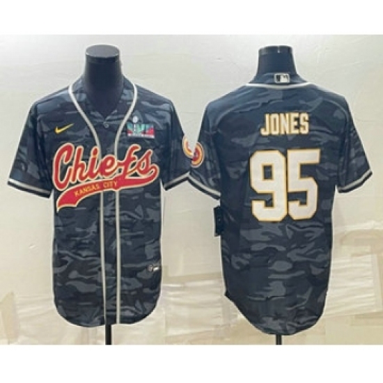 Men's Kansas City Chiefs 95 Chris Jones Grey Camo With Super Bowl LVII Patch Cool Base Stitched Baseball Jersey