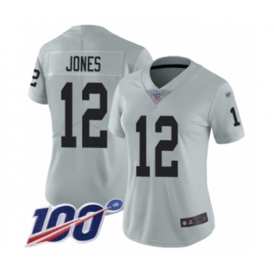 Women's Oakland Raiders 12 Zay Jones Limited Silver Inverted Legend 100th Season Football Jersey