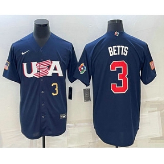 Men's USA Baseball 3 Mookie Betts Number 2023 Navy World Baseball Classic Stitched Jersey
