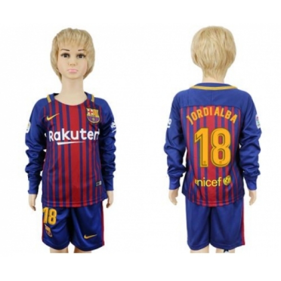 Barcelona 18 Jordi Alba Home Long Sleeves Kid Soccer Club Jersey