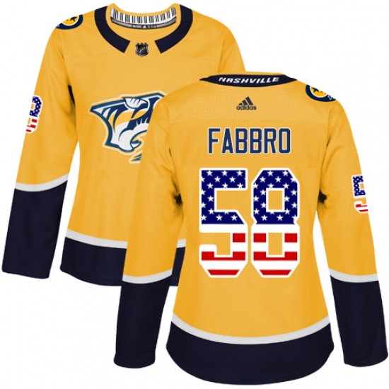 Women's Adidas Nashville Predators 58 Dante Fabbro Authentic Gold USA Flag Fashion NHL Jersey