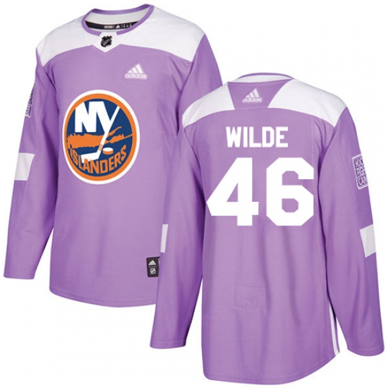 Men's Adidas New York Islanders 46 Bode Wilde Authentic Purple Fights Cancer Practice NHL Jersey