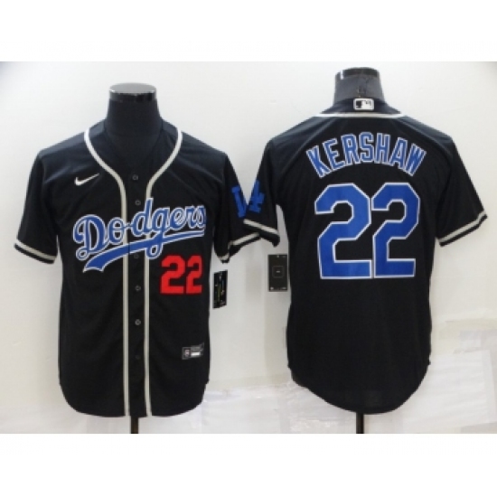 Men's Los Angeles Dodgers 22 Clayton Kershaw Black Blue Name Stitched MLB Cool Base Nike Jersey