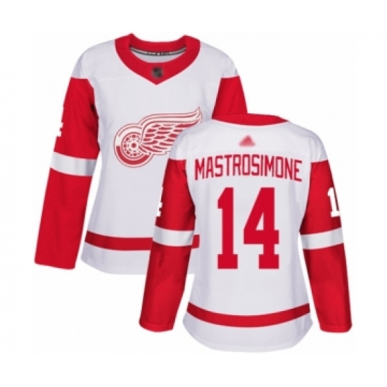 Women's Detroit Red Wings 14 Robert Mastrosimone Authentic White Away Hockey Jersey