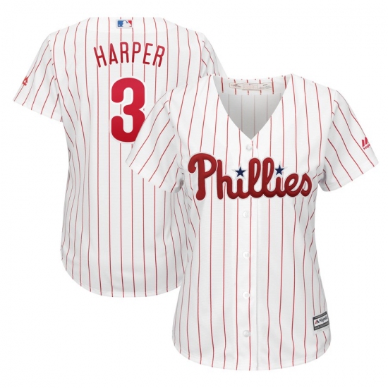 Women's Philadelphia Phillies 3 Bryce Harper Majestic WhiteRed Strip Home Cool Base Replica Player Jersey