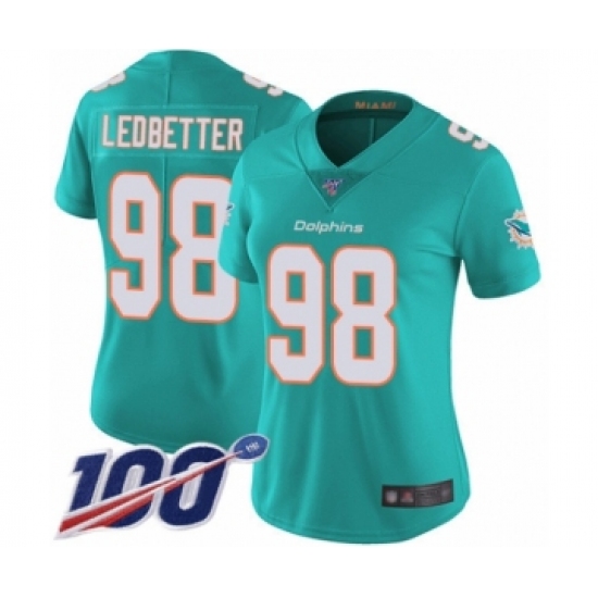 Women's Miami Dolphins 98 Jonathan Ledbetter Aqua Green Team Color Vapor Untouchable Limited Player 100th Season Football Jersey