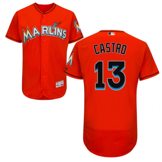 Men's Majestic Miami Marlins 13 Starlin Castro Orange Alternate Flex Base Authentic Collection MLB Jersey