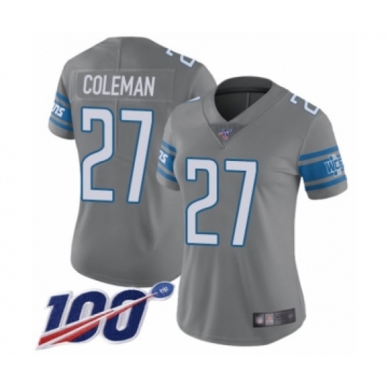 Women's Detroit Lions 27 Justin Coleman Limited Steel Rush Vapor Untouchable 100th Season Football Jersey