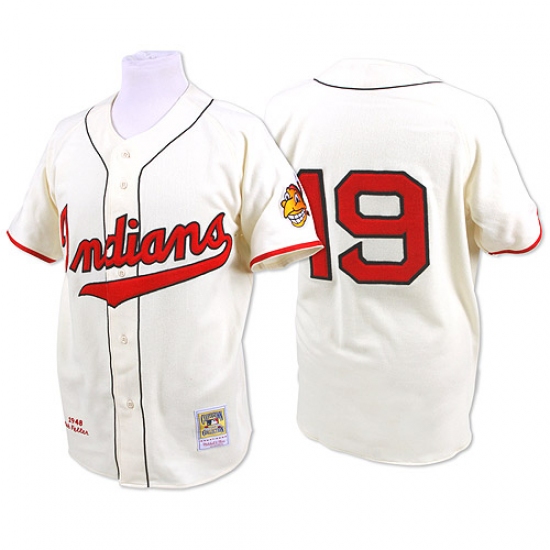 Men's Mitchell and Ness 1948 Cleveland Indians 19 Bob Feller Replica Cream Throwback MLB Jersey