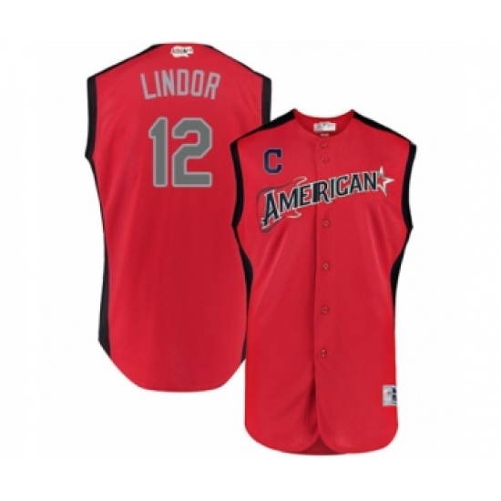 Men's Cleveland Indians 12 Francisco Lindor Authentic Red American League 2019 Baseball All-Star Jersey