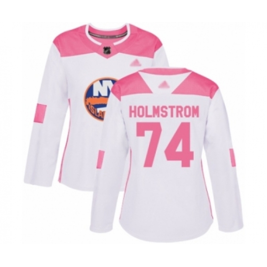 Women's New York Islanders 74 Simon Holmstrom Authentic White Pink Fashion Hockey Jersey