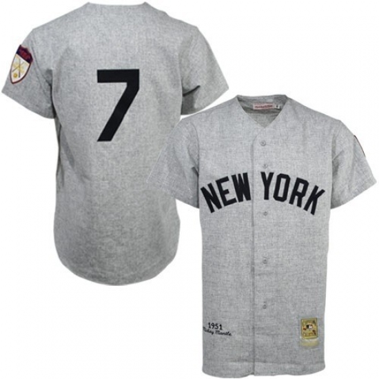 Men's Mitchell and Ness 1951 New York Yankees 7 Mickey Mantle Authentic Grey Throwback MLB Jersey