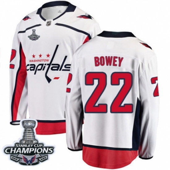 Youth Washington Capitals 22 Madison Bowey Fanatics Branded White Away Breakaway 2018 Stanley Cup Final Champions NHL Jersey