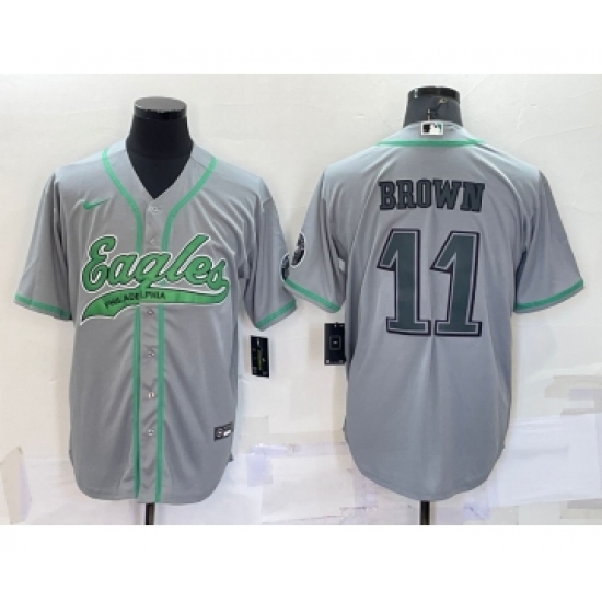 Men's Philadelphia Eagles 11 AJ Brown Grey With Patch Cool Base Stitched Baseball Jersey