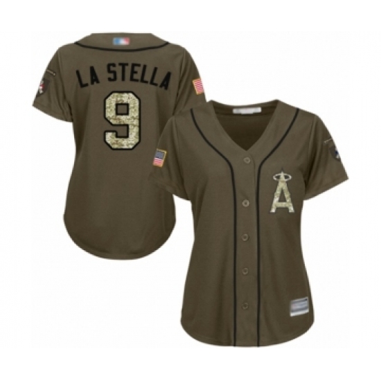 Women's Los Angeles Angels of Anaheim 9 Tommy La Stella Authentic Green Salute to Service Baseball Jersey