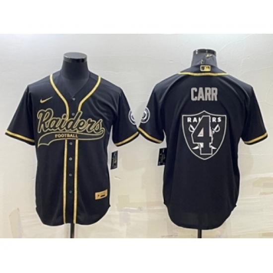 Men's Las Vegas Raiders 4 Derek Carr Black Gold Team Big Logo With Patch Cool Base Stitched Baseball Jersey